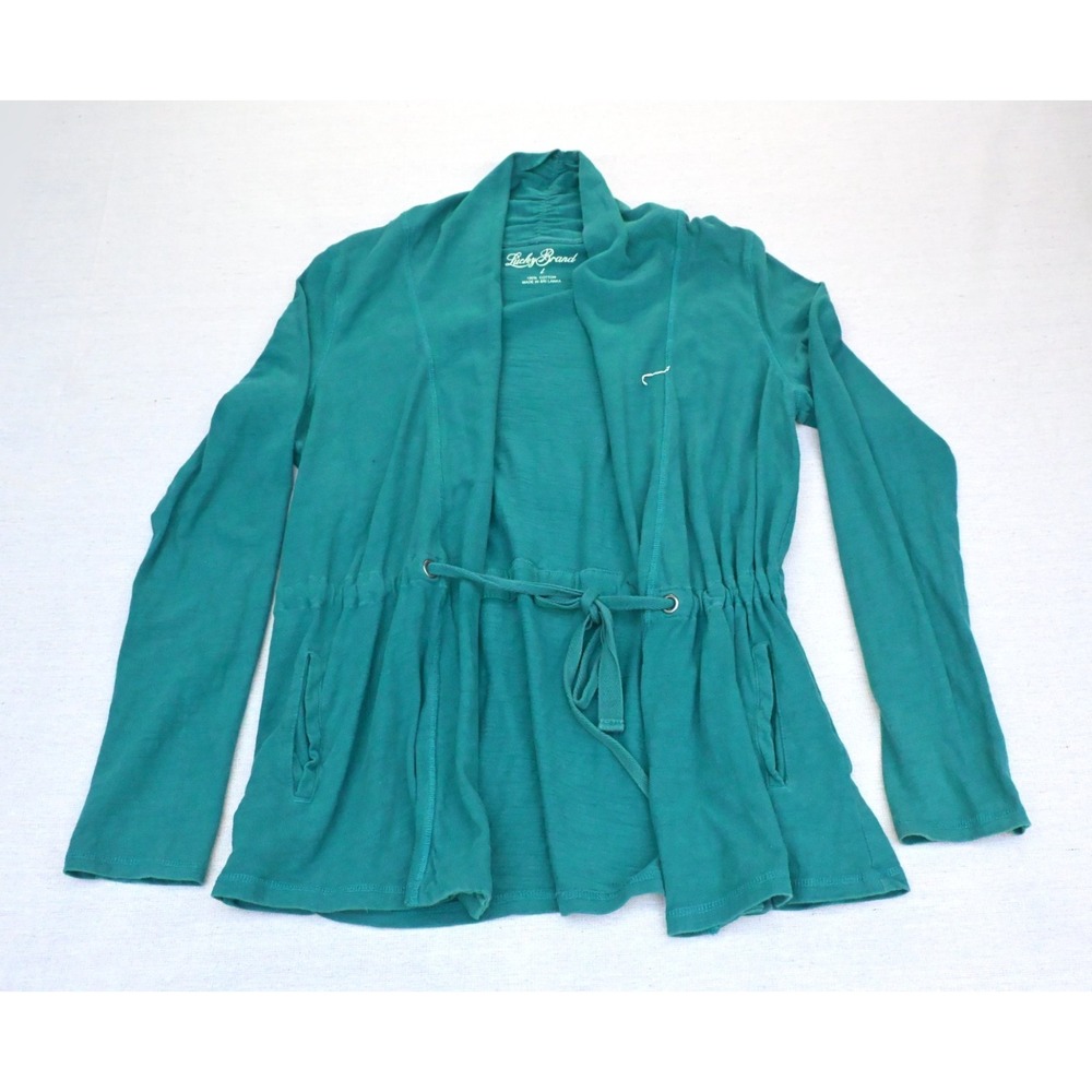 Lucky Brand Womens L Teal Open Front Cardigan 100% Cotton Shawl Collar Tie Waist